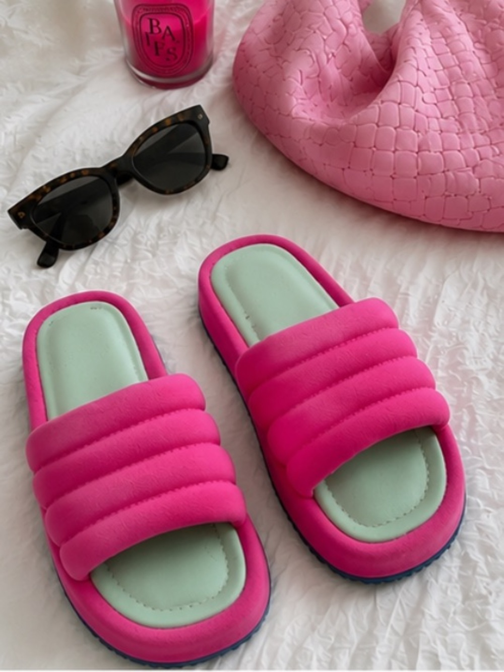 P448 Fergie Puffy Slide Sandals Hot Pink & Mint Green Platform Sandals